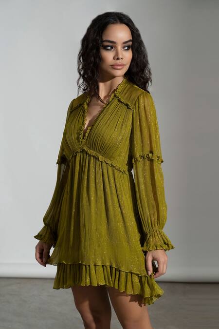 Amrta By Guneet Kondal Green Viscose, Georgette Ruffles V-neck Victorian Sleeve Mini Dress Online at Aza Fashions Amrta By Guneet Kondal_Green Viscose, Georgette Ruffles V-neck Victorian Sleeve Mini Dress _Online_at_Aza_Fashions
