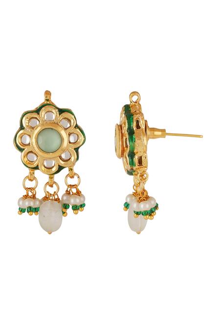 Shop_ChhavI'S Jewels_Green Stones, Pearls, Diamonds Kundan And Embellished Choker Necklace Set _Online_at_Aza_Fashions