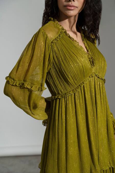 Buy Amrta By Guneet Kondal Green Viscose, Georgette Ruffles V-neck Victorian Sleeve Mini Dress Online at Aza Fashions Buy_Amrta By Guneet Kondal_Green Viscose, Georgette Ruffles V-neck Victorian Sleeve Mini Dress _Online_at_Aza_Fashions