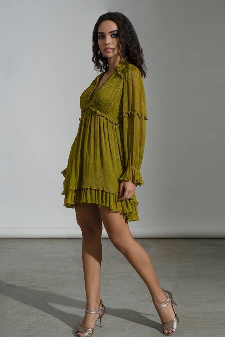 Shop Amrta By Guneet Kondal Green Viscose, Georgette Ruffles V-neck Victorian Sleeve Mini Dress Online at Aza Fashions Shop_Amrta By Guneet Kondal_Green Viscose, Georgette Ruffles V-neck Victorian Sleeve Mini Dress _Online_at_Aza_Fashions