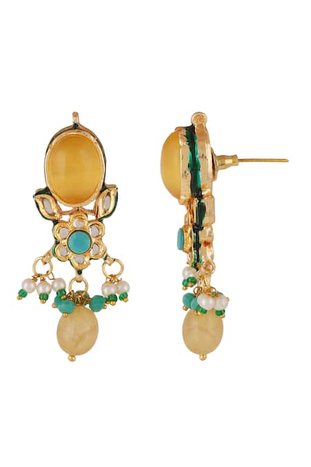 Shop_ChhavI'S Jewels_Yellow Stones, Pearls, Gota Patti Onyx And Kundan Embellished Choker Necklace Set _Online_at_Aza_Fashions