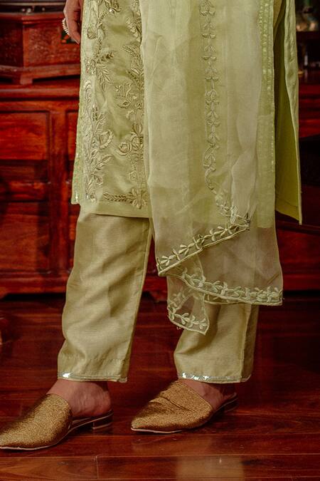 LAHARIO_Green , Organza Sequins, Embroidery Round Floral Lata Kurta Pant Set _Online_at_Aza_Fashions