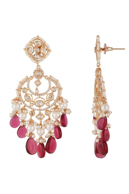 Buy_ChhavI'S Jewels_Red Pearls Stone And Kundan Embellished Chandbalis_Online_at_Aza_Fashions