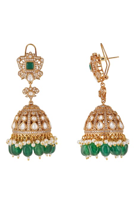 Buy_ChhavI'S Jewels_Green Stones, Pearls, Beads Kundan Embellished Jhumkas _Online_at_Aza_Fashions