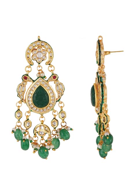Buy_ChhavI'S Jewels_Green Stones, Pearls, Diamonds Kundan Embellished Chandelier Earrings _Online_at_Aza_Fashions