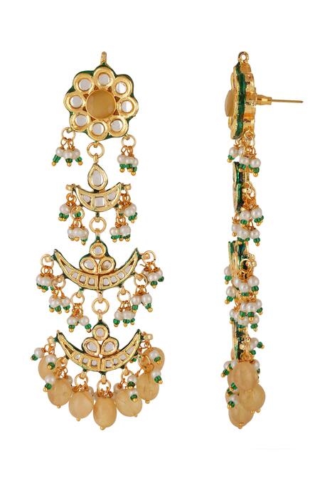 Buy_ChhavI'S Jewels_Yellow Stones, Pearls, Diamonds Kundan Embellished Layered Dangler Earrings _Online_at_Aza_Fashions