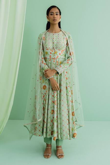 Drishti & Zahabia_Green Silk, Chanderi, Net Sequins, Embroidery Botanical Print Anarkali Pant Set _Online_at_Aza_Fashions