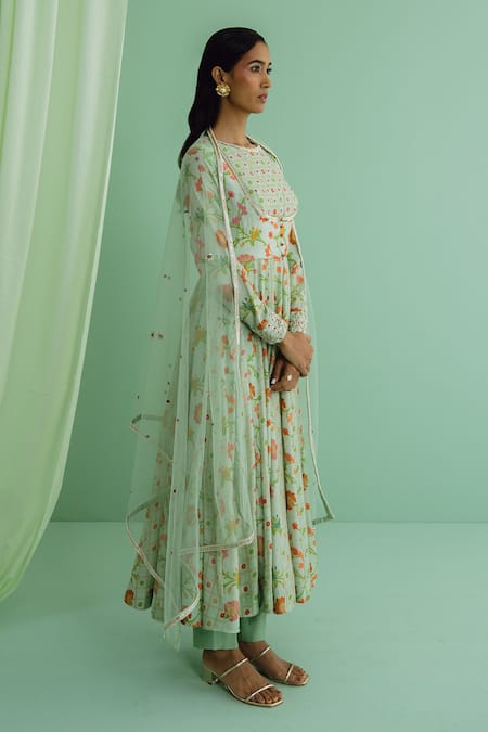 Buy_Drishti & Zahabia_Green Silk, Chanderi, Net Sequins, Embroidery Botanical Print Anarkali Pant Set _Online_at_Aza_Fashions