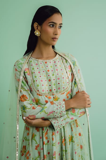 Shop_Drishti & Zahabia_Green Silk, Chanderi, Net Sequins, Embroidery Botanical Print Anarkali Pant Set _Online_at_Aza_Fashions