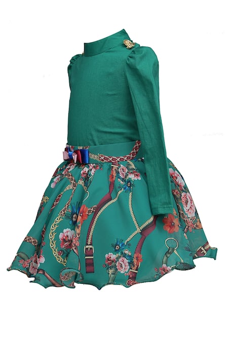 Buy_The Pony & Peony CO._Green Cotton Bows Plain Top And Digital Print Skirt _Online_at_Aza_Fashions