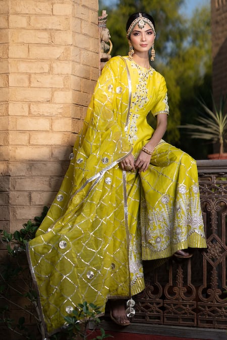 Leela By A_Yellow Organza, Chanderi Floral, Sequin, Zari Embroidered Kurta Gharara Set_Online_at_Aza_Fashions