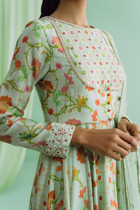 Drishti & Zahabia_Green Silk, Chanderi, Net Sequins, Embroidery Botanical Print Anarkali Pant Set _at_Aza_Fashions