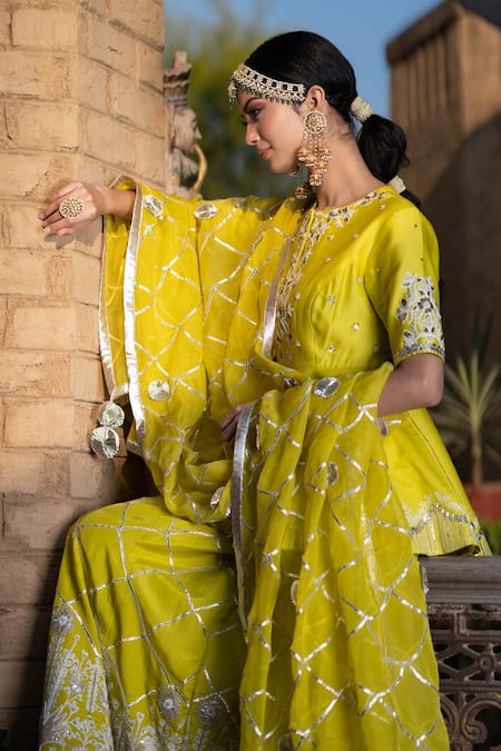 Buy_Leela By A_Yellow Organza, Chanderi Floral, Sequin, Zari Embroidered Kurta Gharara Set_Online_at_Aza_Fashions