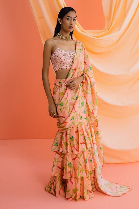 Drishti & Zahabia_Peach Silk Pearls, Sequins, Botanical Print Pre-draped Ruffle Saree With Blouse_Online_at_Aza_Fashions