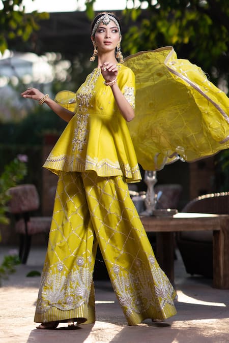 Shop_Leela By A_Yellow Organza, Chanderi Floral, Sequin, Zari Embroidered Kurta Gharara Set_Online_at_Aza_Fashions