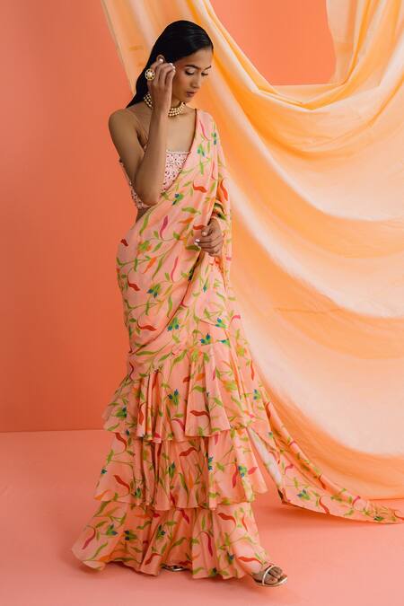 Buy_Drishti & Zahabia_Peach Silk Pearls, Sequins, Botanical Print Pre-draped Ruffle Saree With Blouse_Online_at_Aza_Fashions
