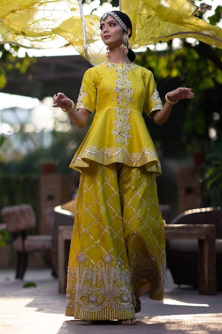 Leela By A_Yellow Organza, Chanderi Floral, Sequin, Zari Embroidered Kurta Gharara Set_at_Aza_Fashions