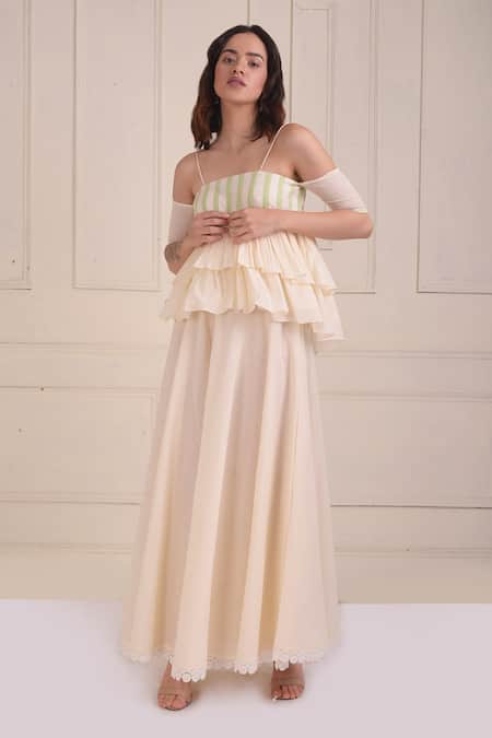 Shwetanga_Ivory Cotton Embroidery, Lace Square Neck Organic Tiered Top And Sharara Set _Online_at_Aza_Fashions