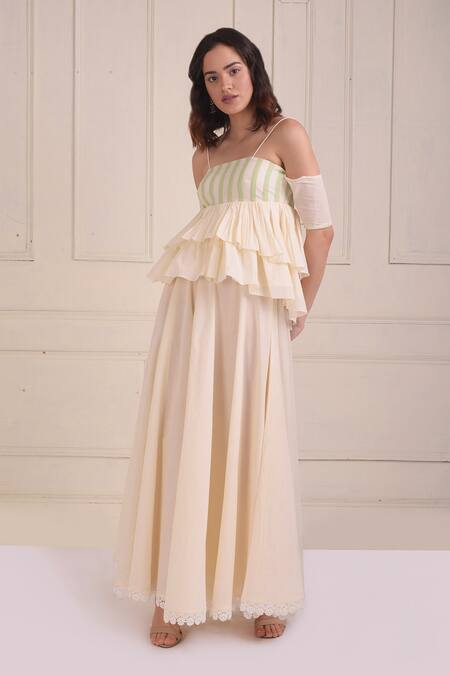 Buy_Shwetanga_Ivory Cotton Embroidery, Lace Square Neck Organic Tiered Top And Sharara Set _Online_at_Aza_Fashions