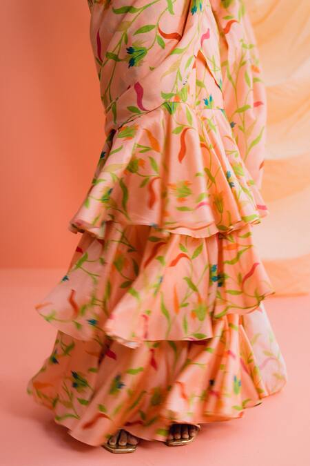 Drishti & Zahabia_Peach Silk Pearls, Sequins, Botanical Print Pre-draped Ruffle Saree With Blouse_at_Aza_Fashions