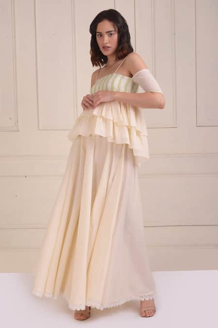 Shop_Shwetanga_Ivory Cotton Embroidery, Lace Square Neck Organic Tiered Top And Sharara Set _Online_at_Aza_Fashions