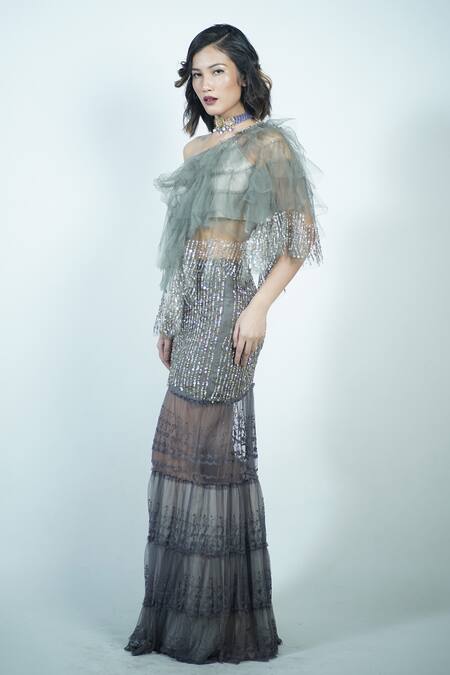 Shop_Rina Dhaka_Grey Silk Embroidery Tassels One Shoulder Ruffled Blouse And Skirt Set_Online_at_Aza_Fashions