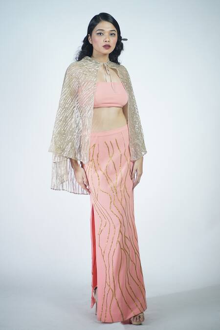 Rina Dhaka_Pink Cotton Gota Patti Round Neck Embroidered Skirt And Blouse Set_Online_at_Aza_Fashions