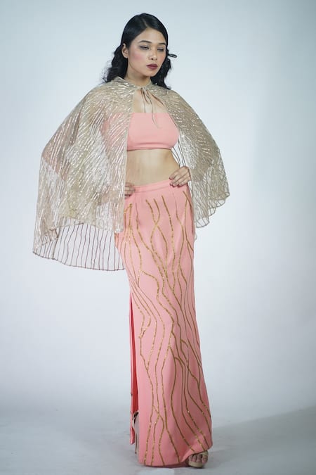 Buy_Rina Dhaka_Pink Cotton Gota Patti Round Neck Embroidered Skirt And Blouse Set_Online_at_Aza_Fashions