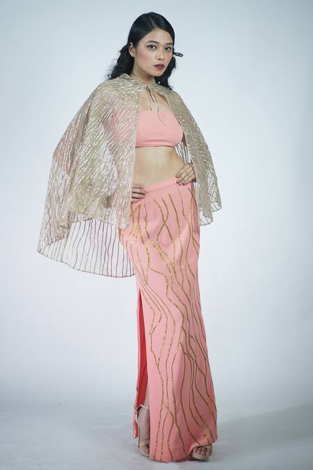 Shop_Rina Dhaka_Pink Cotton Gota Patti Round Neck Embroidered Skirt And Blouse Set_Online_at_Aza_Fashions