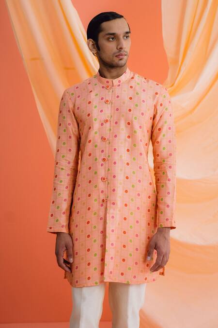 Drishti & Zahabia_Peach Silk, Cotton Embroidery Checkered Print Kurta Set _Online_at_Aza_Fashions