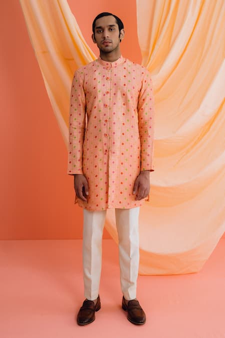 Buy_Drishti & Zahabia_Peach Silk, Cotton Embroidery Checkered Print Kurta Set _Online_at_Aza_Fashions
