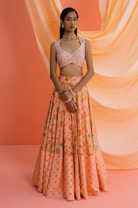 Drishti & Zahabia_Peach Denim, Silk, Net Mirrors, Botanical Floral Print Panelled Lehenga Set _Online_at_Aza_Fashions