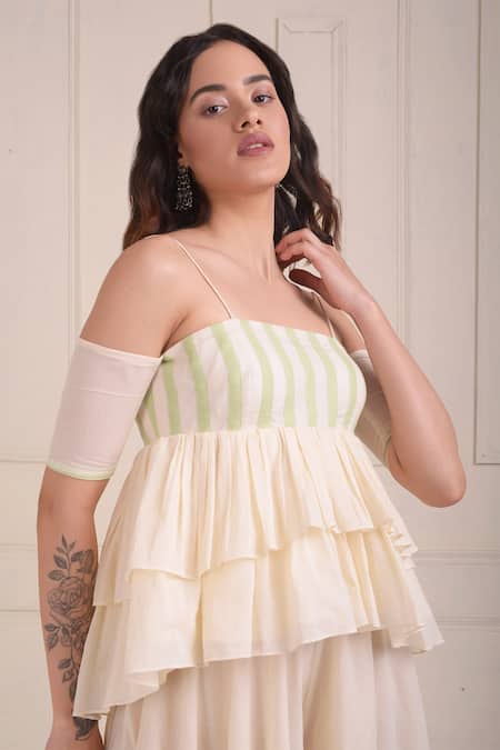 Shwetanga_Ivory Cotton Embroidery, Lace Square Neck Organic Tiered Top And Sharara Set _at_Aza_Fashions