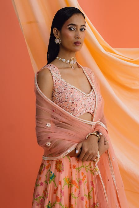 Buy_Drishti & Zahabia_Peach Denim, Silk, Net Mirrors, Botanical Floral Print Panelled Lehenga Set _Online_at_Aza_Fashions