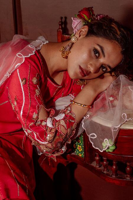 LAHARIO_Red , Organza Sequins, Crystals, Madkan Sleeve Kurta Palazzo Set _Online_at_Aza_Fashions