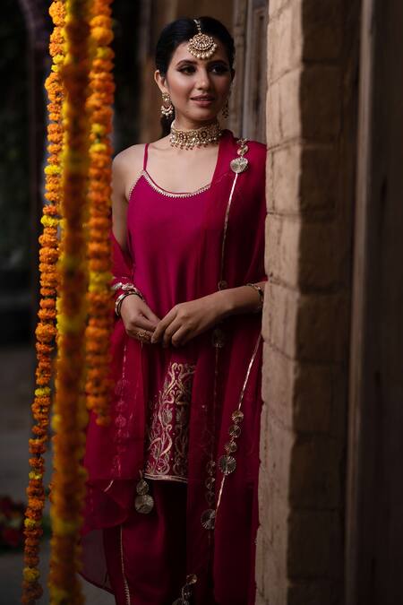 Leela By A_Maroon Organza, Chanderi Floral, Gota, Zari Embroidered Kurta Dhoti Pant Set _Online_at_Aza_Fashions