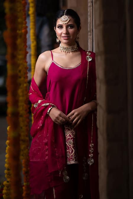 Buy_Leela By A_Maroon Organza, Chanderi Floral, Gota, Zari Embroidered Kurta Dhoti Pant Set _Online_at_Aza_Fashions