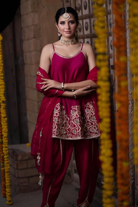 Shop_Leela By A_Maroon Organza, Chanderi Floral, Gota, Zari Embroidered Kurta Dhoti Pant Set _Online_at_Aza_Fashions