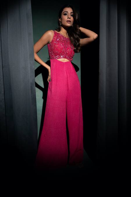 Shop_Parshya_Pink Viscose, Silk Organza Embroidery Cut-out Jumpsuit With Sheer Bomber Jacket _Online_at_Aza_Fashions