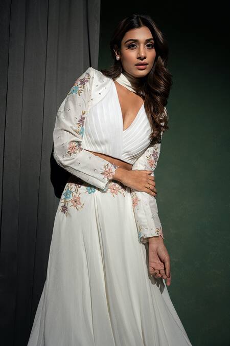 Buy_Parshya_Off White Viscose, Silk, Georgette Sequins, Floral Embroidered Lehenga Set _Online_at_Aza_Fashions