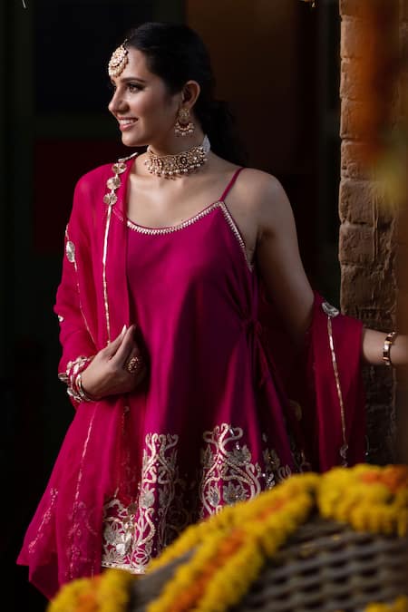 Leela By A_Maroon Organza, Chanderi Floral, Gota, Zari Embroidered Kurta Dhoti Pant Set _at_Aza_Fashions