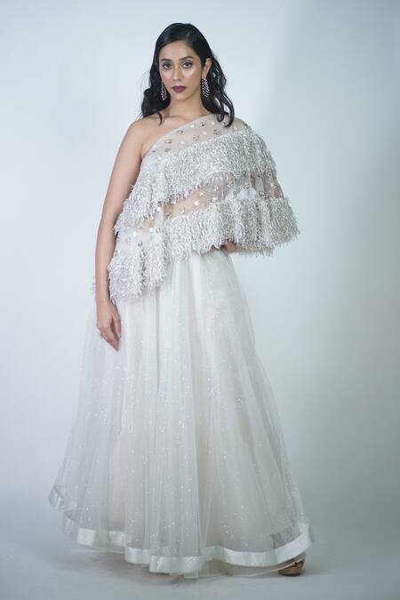 Shop_Rina Dhaka_Silver Silk Embroidery Beads And Fur One Shoulder Cape & Lehenga Set_Online_at_Aza_Fashions