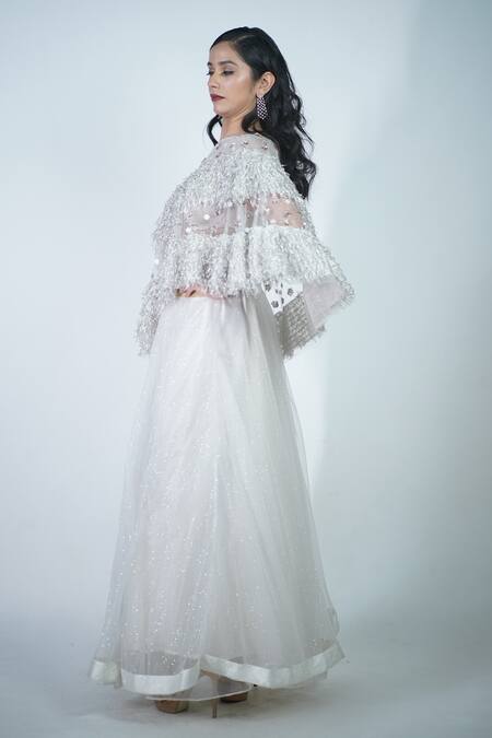 Rina Dhaka_Silver Silk Embroidery Beads And Fur One Shoulder Cape & Lehenga Set_at_Aza_Fashions