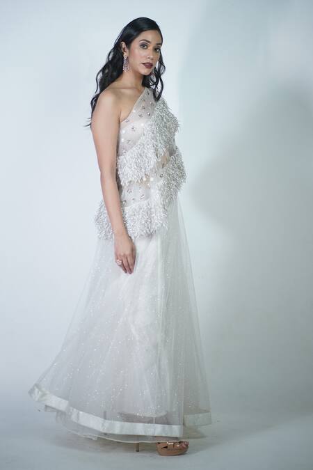 Buy_Rina Dhaka_Silver Silk Embroidery Beads And Fur One Shoulder Cape & Lehenga Set