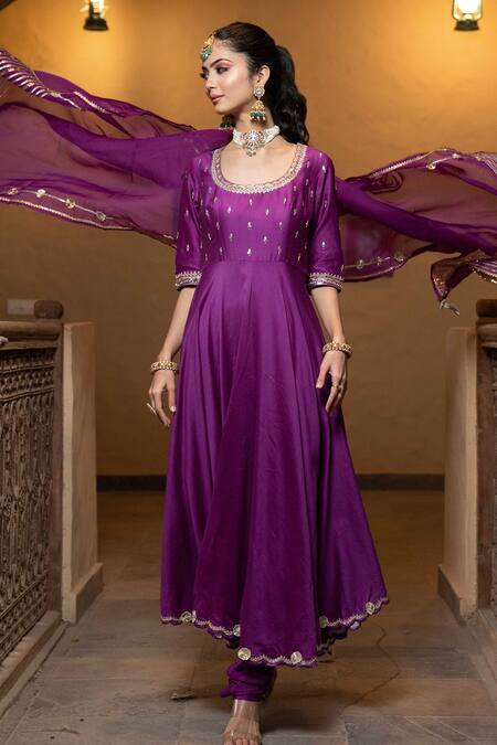 Buy_Leela By A_Purple Organza, Chanderi Floral, Zari Round Embroidered Anarkali Set_Online_at_Aza_Fashions