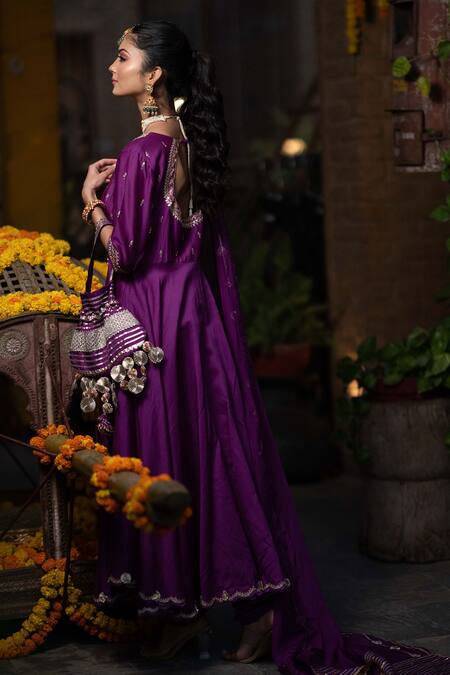 Leela By A_Purple Organza, Chanderi Floral, Zari Round Embroidered Anarkali Set_at_Aza_Fashions
