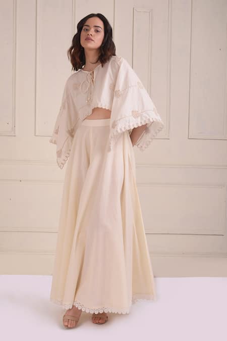 Buy_Shwetanga_Ivory Cotton Diamonds, Embroidery, Lace Organic Top And Sharara Set _Online_at_Aza_Fashions