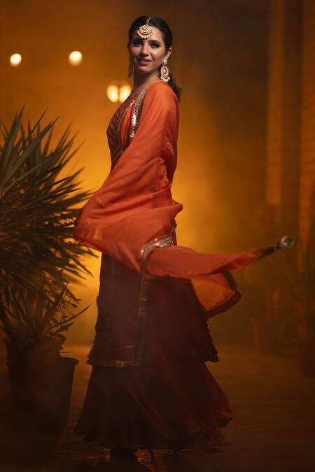 Buy Leela By A Orange Organza, Chanderi Chevron, Gota, Sleeveless Embroidered Kurta Palazzo Set Online at Aza Fashions Buy_Leela By A_Orange Organza, Chanderi Chevron, Gota, Sleeveless Embroidered Kurta Palazzo Set _Online_at_Aza_Fashions