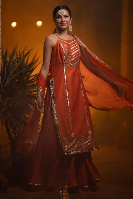 Shop Leela By A Orange Organza, Chanderi Chevron, Gota, Sleeveless Embroidered Kurta Palazzo Set Online at Aza Fashions Shop_Leela By A_Orange Organza, Chanderi Chevron, Gota, Sleeveless Embroidered Kurta Palazzo Set _Online_at_Aza_Fashions