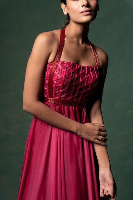 Parshya_Pink Viscose, Chiffon Cut Work Halter Neck Cutdana Embellished Gown _Online_at_Aza_Fashions